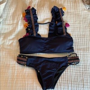 OnDadeMar Strappy Navy Cheeky Bikini with Colorful Tassels and Square Neckline